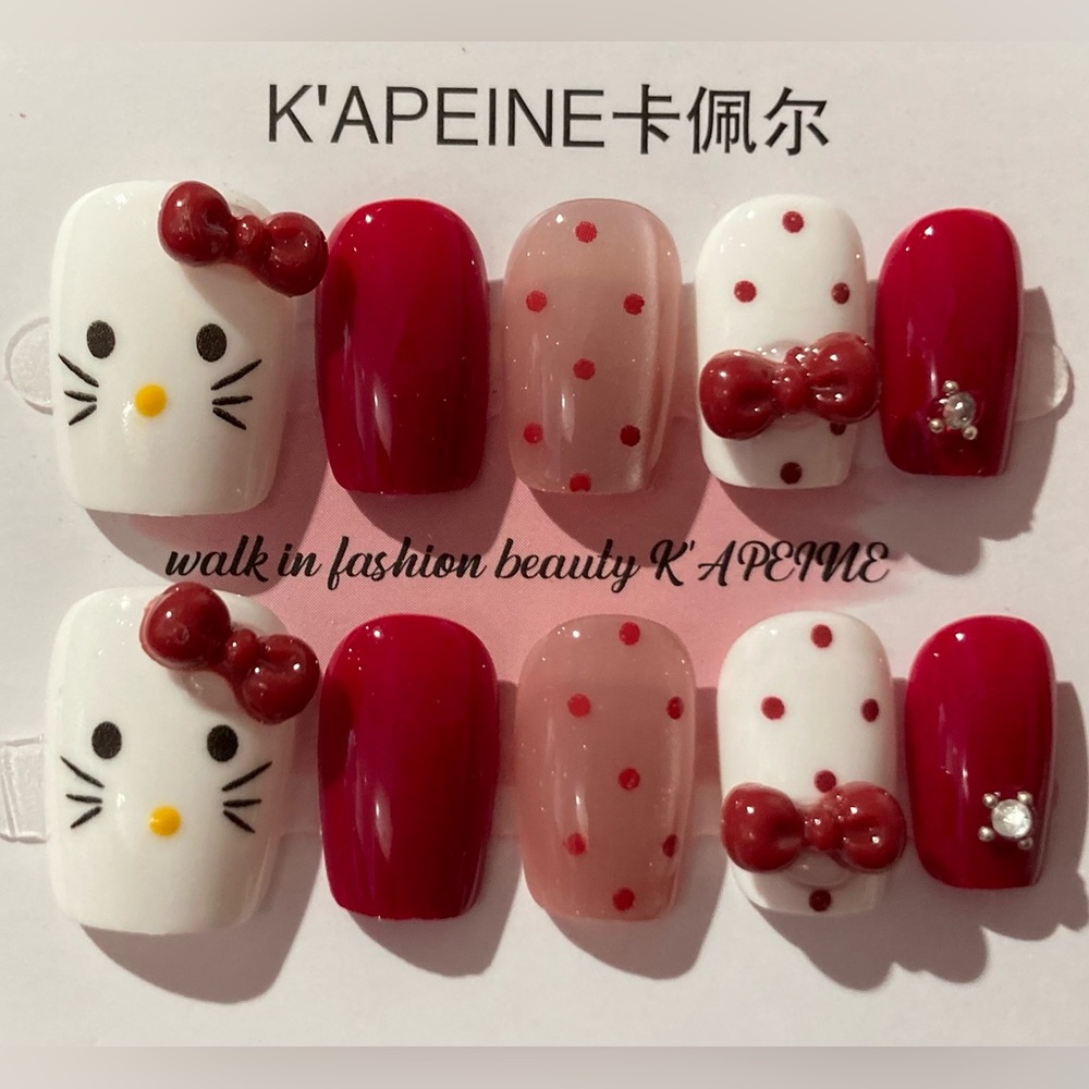 [M] 🎀💅 10Pcs Wearable Press on Nails Short Sq Pink Hello Kitty Red Bow Polka Dot